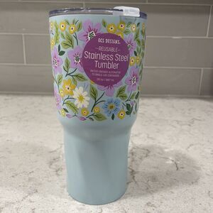 MEADOW ABLOOM Aqua Blue 30oz Stainless Steel Tumbler Lid OCS Designs NEW